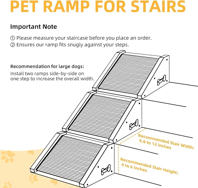 2-Pack Wooden Dog Ramp for Stairs - Natural Pine Wood Pet Step Ramp with Anti-Slip Bone Strips & Felt Padding, Stair Wedge for Small Medium Dogs, Indoor Home Safety Access for Injured Dogs