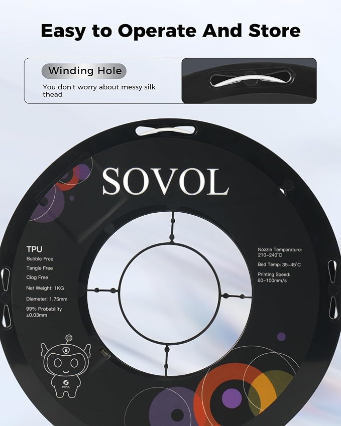 Sovol TPU Filament 1.75mm, 95A Soft TPU Flexible 3D Printer Filament with High Elasticity, 1kg (2.2lbs), Dimensional Accuracy +/- 0.03 mm, Fit Most FDM Printer, Clear