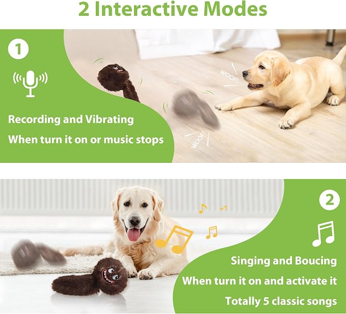 PETGEEK Vibrating Squeaky Dog Ball, USB Rechargeable 350mAh Toy, Brown | Motion-Activated Vibrating Dog Ball, Built-In Recording & Music, Crinkle Plush Cover, Squeaky Interactive Toy for All Dogs