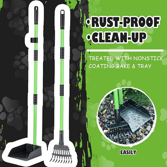MXF Pooper Scooper, Dog Pooper Scooper Long Handle Stainless Metal Tray and Rake Set for Medium Small Dogs Heavy Duty - Use on Grass, Dirt or Gravel - Pet Supplies (Green)