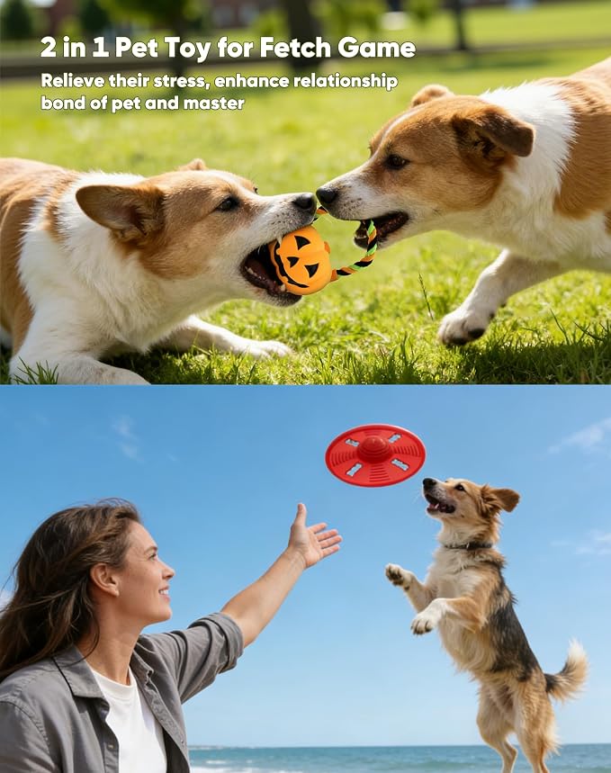 Deeow Squeaky Natural Rubber Dog Flying Disc/Frisbee with Orange Ball Gift | Water-float Natural Rubber Dog Frisbee for Outdoor, Spaceship Shaped 6.5'' Squeaky Interactive Fetch Toy for Anxiety Relief