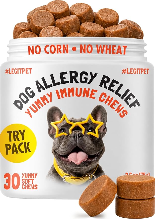 Allergy Relief Chews for Dogs & Immune & Digestive Supplement with Wild Salmon Oil Kelp Colostrum Turmeric Probiotics & Bee Pollen for Seasonal Allergies Anti Itch, Skin Hot Spots 30 Soft Treats