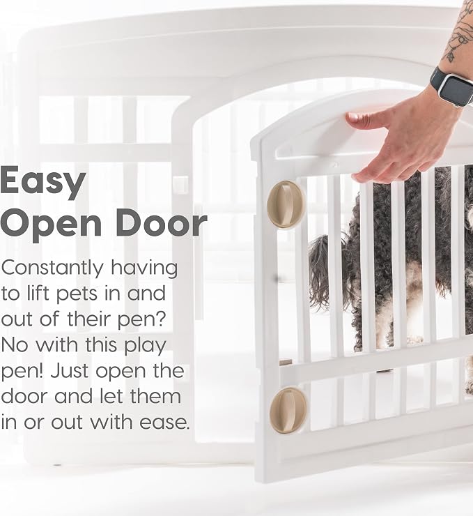 IRIS USA Dog Playpen with Door, 24” 8 Panel Pet Exercise Pen – Indoor Outdoor Puppy Play Pen, Portable Plastic Pet Fence for Small Medium Dogs, Foldable 83.5” x 83.5” x 24”, White