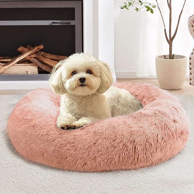 JOLLYVOGUE 27" Calming Donut Dog & Cat Bed, Peach Pink