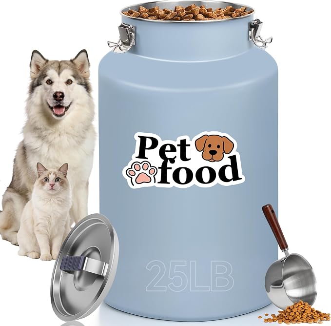 25lb Stainless Steel Dog Food Storage Container with Lid and Scoop, 25lb, Stainless Steel, Blue