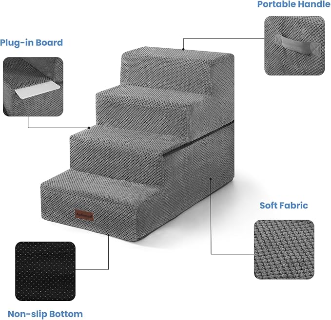 Aodisman Dog Stairs for Bed 18.5" H, 4-Step Dog Steps for Small Dogs and Cats, Indoor Non-Slip Balanced Pet Stairs are Suitable for Puppy, Older Cat,Gery