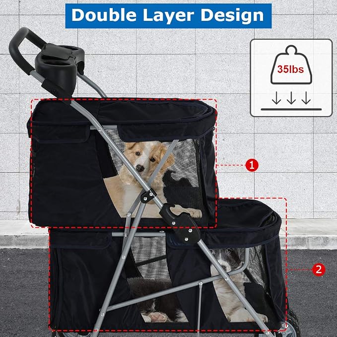 BestPet 4-Wheel Foldable Pet Stroller - Black, Fits 2 Pets