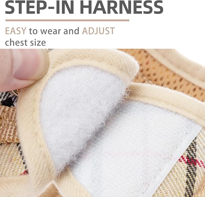 PUPTECK Soft Mesh Dog Harness and Leash Set Step-in Plaid Puppy Padded No Pull Vest Harness for XS Small Medium Sized Dogs Cats Outdoor Walking, Beige L