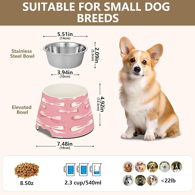 YETTASBIN Bow Pink Elevated Dog Bowls, Prevention of Vertebrae Disease Raised Dog & Cat Bowl Stand with Removable Stainless Steel Bowls, Non-Slip Spill-Proof Pet Food & Water Bowl Dish