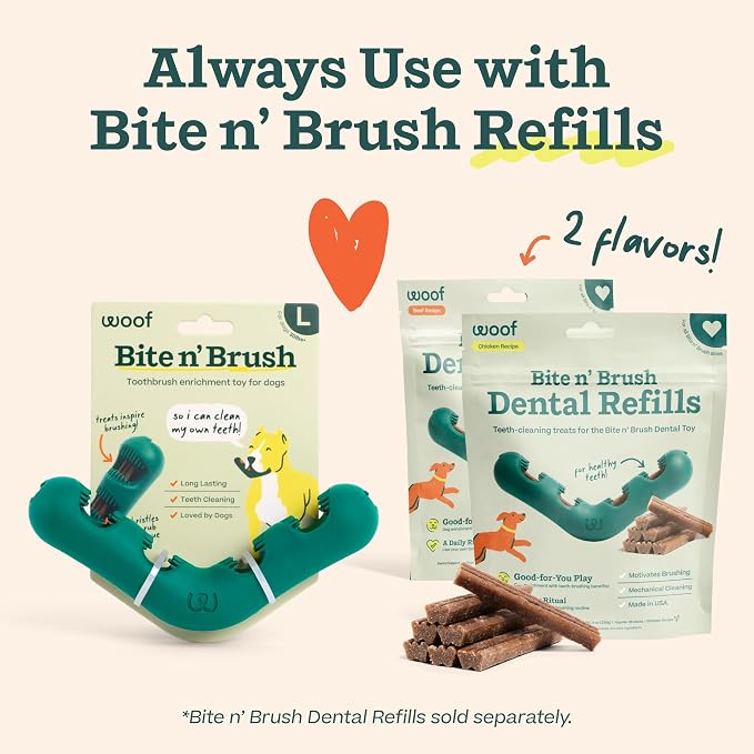WOOF The Bite n' Brush - Dog Toothbrush Toy - Scrub Plaque and Tartar from Your Dog's Teeth and Mouth - Dog Dental Chew Toy - Small