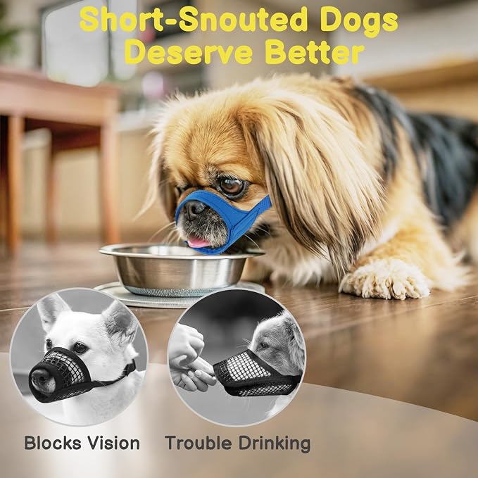Fabric Short Snout Dog Muzzle for Small Dogs Anti Fierce Biting | Fits Chihuahua Shih Tzu Pomeranian Yorkshire Brachycephalic Dogs, Grooming Vet Visits Use, Allow to Drink, Soft | Blue, XXS