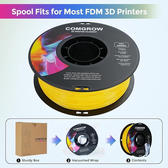 Comgrow TPU Filament 1.75, Flexible 3D Printer Filament, 95A Soft fit Most 3D Printers Dimensional Accuracy +/- 0.02mm TPU Yellow 1kg (2.2lbs)