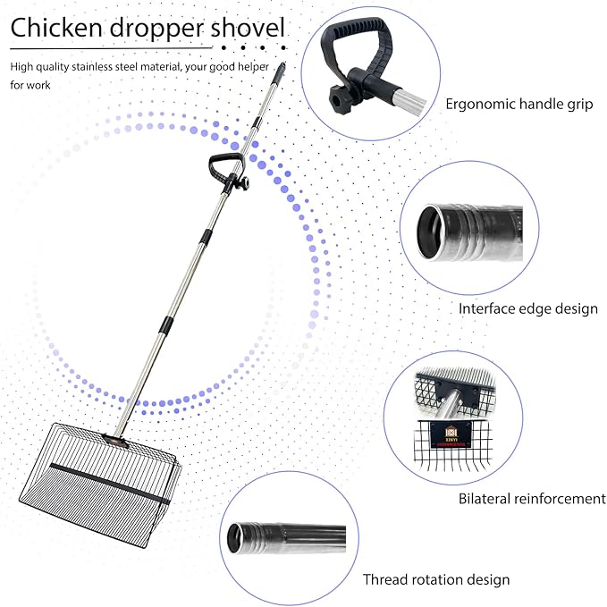 15inch Large Metal Chicken Poop Scooper for Sand, Chicken Pooper Scooper with 39 to 76" Adjustable Stainless Steel Handle, Litter Scooper Sand Sifting Shovel for Dogs, Cats, Chicken Coop Accessories