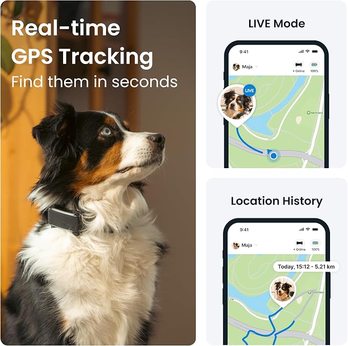 Tractive GPS Dog Tracker (2025 Release) Real-time Pet Location Tracker | Health & Wellness Alerts | Virtual Fence for Dogs | Bark Monitoring (Black w/Pink Cover)
