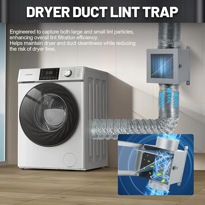 Indoor Lint Trap Dryer Vent Kit with 4inch 8FT Dryer Vent Hose, Suitable for All 4-in Outlet dryers, Secondary Lint Trap for Electric Clothes Dryers - Fluff Collection Box(Metal)