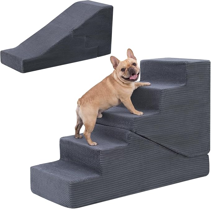 Dog Ramp for Bed Couch, 25.6" H Dog Stairs for Small Dogs, 2 in 1 Transformable 5-Step Pet Steps for Bed, Foldable Cats Ramp to Get on Bed, Non-Slip Balanced, Grey