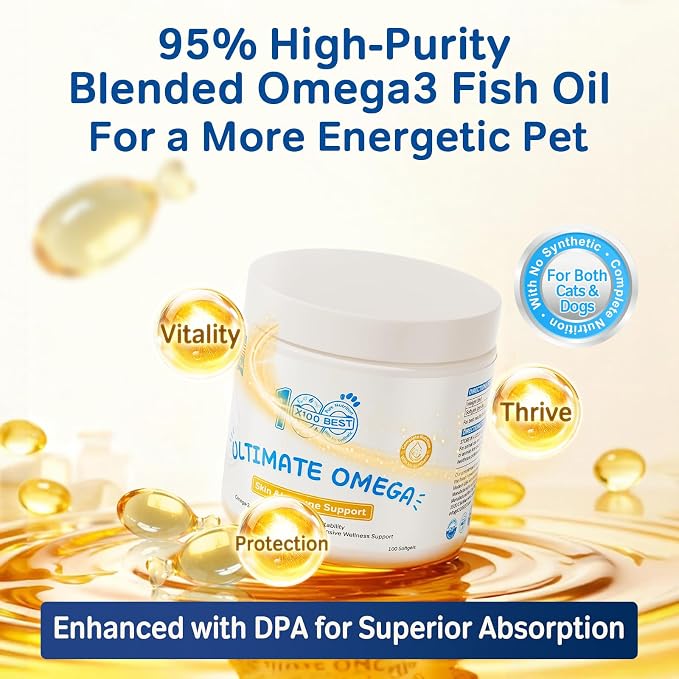 Fish Oil for Dogs and Cats, Omega-3 EPA DHA, 95% rTG, 100 Softgels