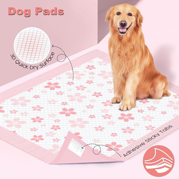 MIZOK Puppy Pads 36x36 Dog Pads Extra Large Odor Control Pee Pads for Dogs, Ultra Absorbent Up to 11 Cups 6 Layers Leak-Proof, Pink Cherry Blossom Prints& Lavender Scented(60 Counts)