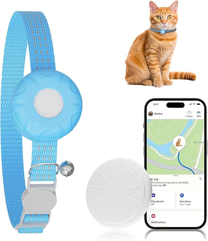 Cat Tracker, GPS Tracker Compatible with Apple Find My App(Only iOS), Waterproof Cat Tracker Collar with Bell and Safety Elastic Buckle, No Monthly Fee, Real-Time Location (Blue)