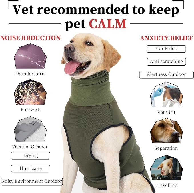 ROZKITCH Soft Dog Anxiety Jacket, Breathable Calming Vest for Storms, Fireworks & Separation, High Collar Design for Small to Large Dogs ArmyGreen XS