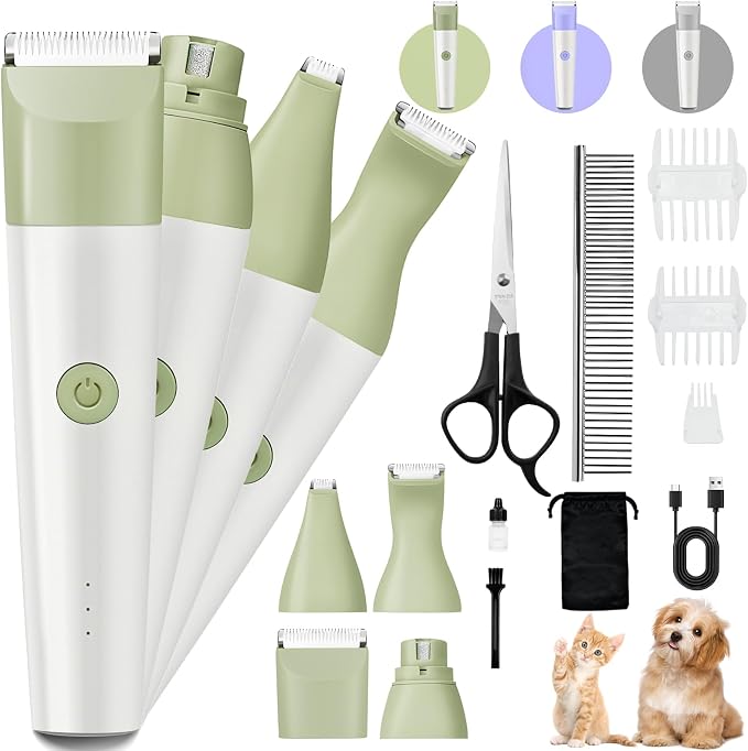 4-in-1 Dog Clippers Grooming Kit - Paw Trimmer & Nail Grinder, Green