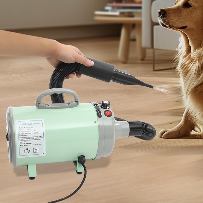 Dog Dryer, Dog Dryer for Pet Grooming, 2200W Pet Grooming High Velocity Force Blower with 4 Nozzles, Adjustable Speed and Temperature Control High Velocity Pet Blow Dryer (Green)