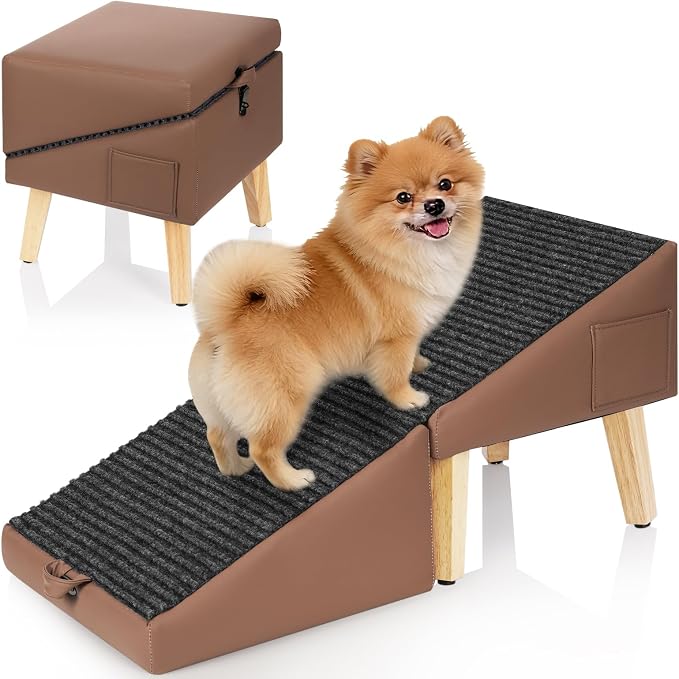 2-in-1 Foldable Dog Ramp for Couch and Bed, 14.4" H Dog Ramps for Small Dogs and Cats, Wooden Pet Stairs with Non-Slip Mat & Side Pockets, Split Ottoman Pet Ramp Steps for Medium Dogs, Puppy