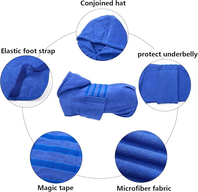 Geyecete Dog Drying Coat with Hood - Absorbent Robe Towel - Microfibre Fast Drying - Blue - XL