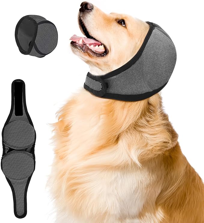 Upgraded Dog Ear Muffs for Noise Protection & Bath, No Shake EarWrap for Hematoma Prevention, Drying & Anxiety Relief, Elastic Waterproof Dog Ear Protector with Soundproof Sponge (Grey, Large)