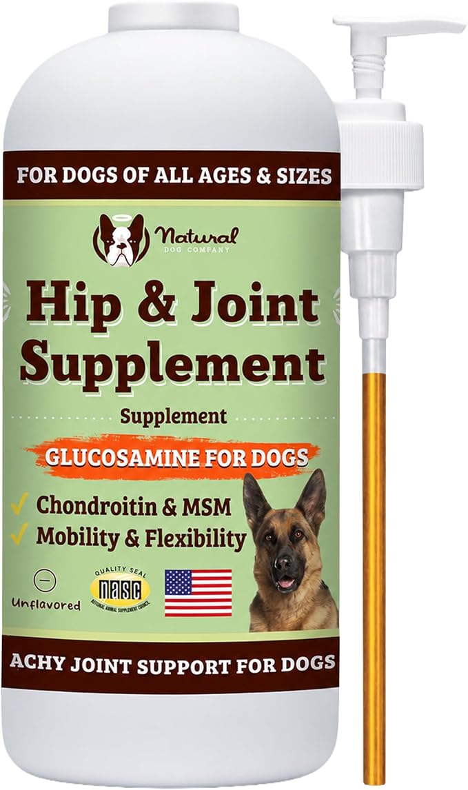 Natural Dog Company Liquid Glucosamine for Dogs, Hip & Joint Oil, Extra Strength Cartilage, Joint Supplement for Dogs, Helps Mobility, Eases Occasional Stiffness, Glucosamine Chondroitin, 32 oz.