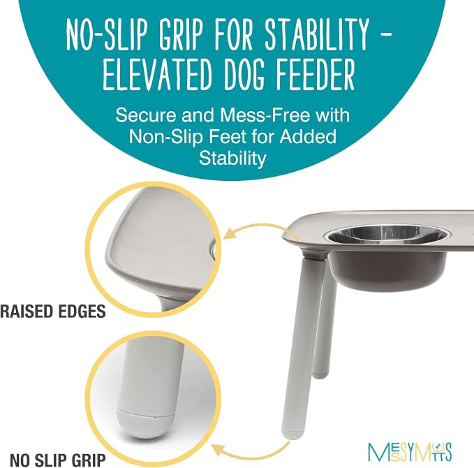 Messy Mutts Elevated Double Dog Feeder, Adjustable Height, Dark Grey | Adjustable-Height Elevated Double Dog Feeder With Two 5 Cup Stainless Bowls, Legs Set To 3, 5, Or 10 Inches