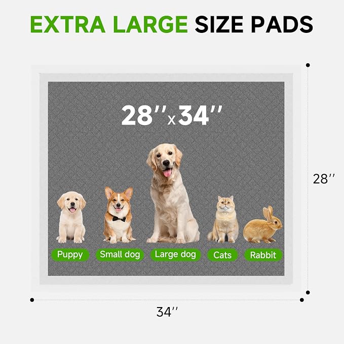 Gardner Pet Charcoal Puppy Pads 28x34 Inches Extra Large Dog Pee Pads Odor-Control & Leak-Proof Disposable Pet Training Edge-Wrapping Thicken Potty Pad for Dogs, Cats, Rabbits(30 Pieces)