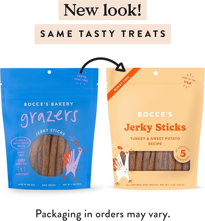 Bocce's Bakery Jerky Stick Dog Treats, Wheat-Free, Made with Limited-Ingredients, Baked in The USA with No Added Salt or Sugar, Natural & High-Protein, Turkey & Sweet Potato, 4 oz