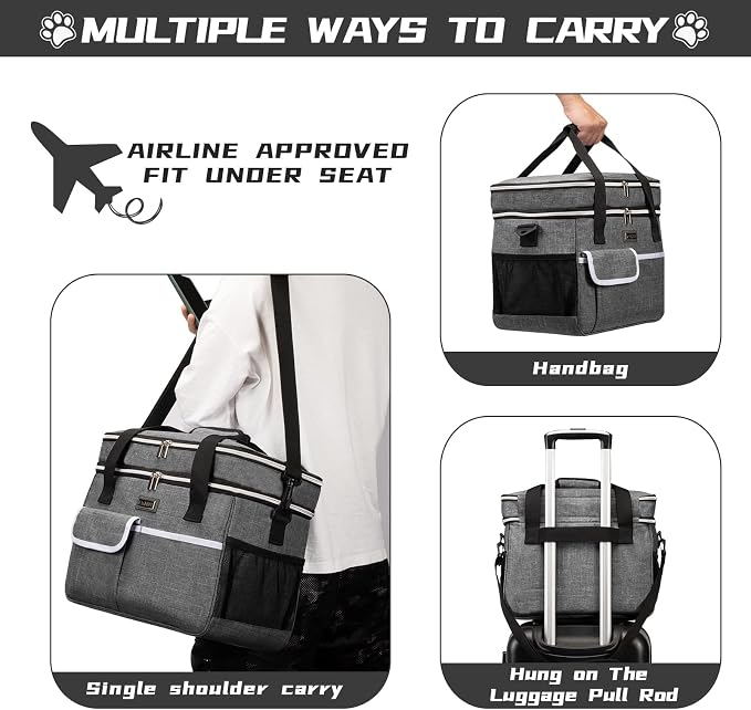 BAGLHER Dog Travel Bag, Double-Layer, with Food Containers & Bowls, Grey