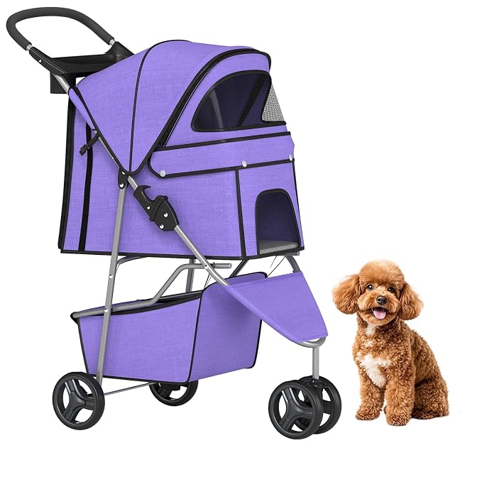 BestPet 3-Wheel Pet Stroller - Purple, Breathable Mesh