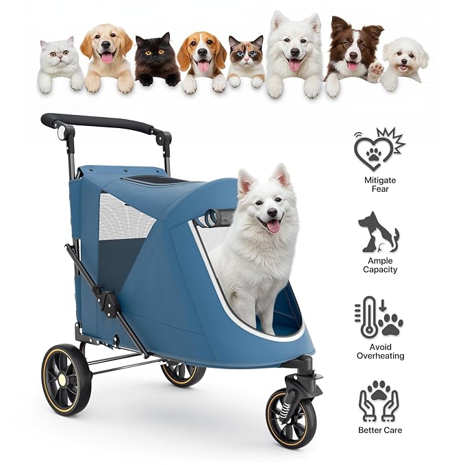 MoNiBloom Pet Stroller for Large Dogs or Dogs Cats up to 55 lbs, Navy Blue | with Adjustable Handle, 3-Wheels Dual Entry Portable Dog Carting Easy Folding Pet Wagon Double Multiple Dog Stroller