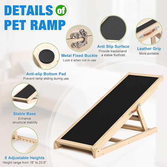 Tresbro Dog Ramp for Couch, 39.4'' Long 18''-23.6'' Height Pet Ramp | 6 Adjustable Height, Anti-Slip & Easy Clean Surface Mat, Capacity Up to 150LB, Easy to Store & Portable, Promote Joint Health