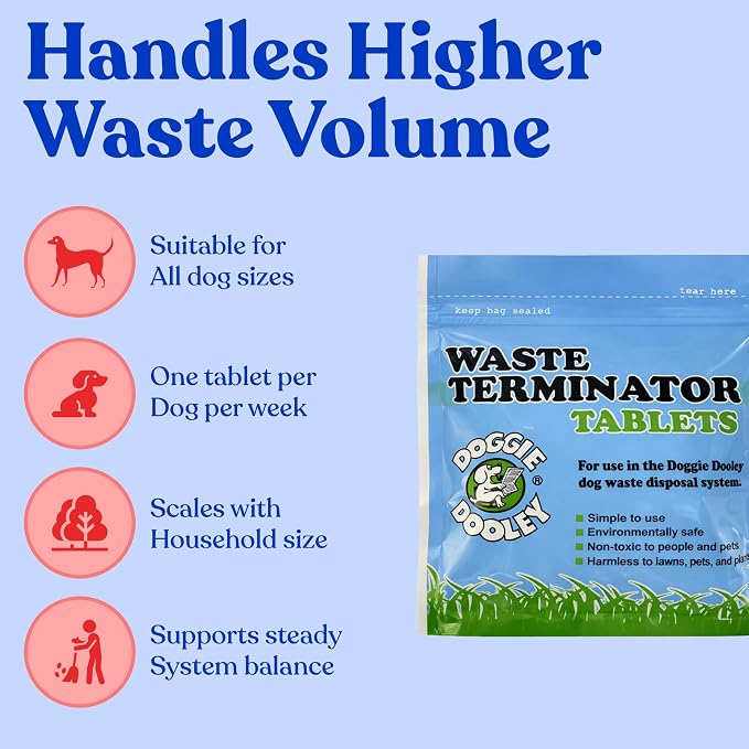 Doggie Dooley Waste Terminator Tablets - 100 Count - Pet Digester Concentrate for In-Ground Disposal Unit - Break Down Solid Waste - Resealable Pouch - Weekly Formula for Large Breeds - White