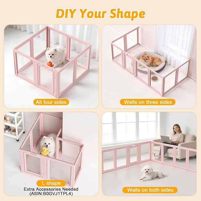 DIY Clear Acrylic Dog Playpen House,Quick Easy Assembly and Disassembly,Strong Floor Suction,Indoor and Outdoor Use,Easy Cleansing Puppy Fence (Skin Pink, 23.6" H, 8PCS)