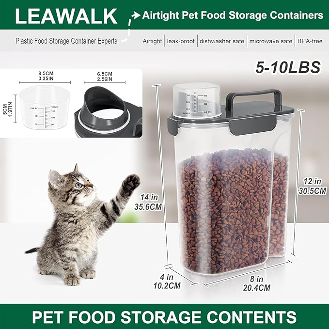 LEAWALK 5Lbs /6Qt/5l Airtight Cat Dog Food Storage With Upgraded Large Nozzle BPA-Free, 2-Pack, 5Lbs, Dark Gray