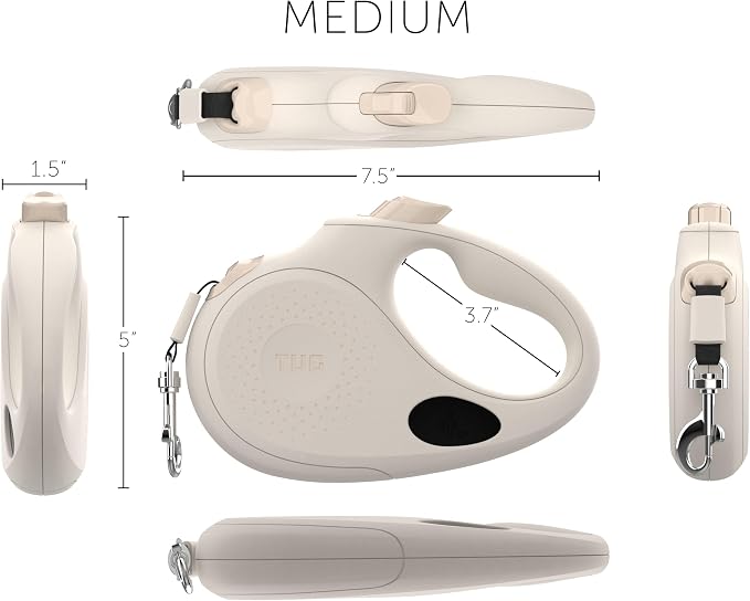 TUG Oval 360° Tangle-Free Retractable Dog Leash with Integrated Waste Bag Dispenser (Medium, Cream)