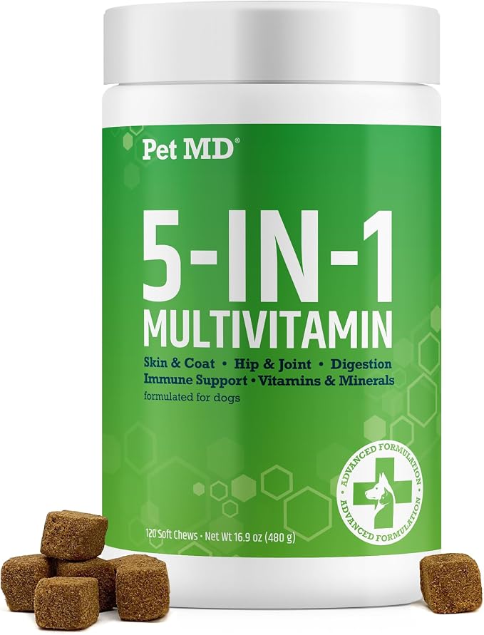Pet MD 5-in-1 Dog Multivitamin - 30 Key Nutrients for Wellness - 120ct | For Hip & Joint Health, Immune Function, Healthy Skin & Shiny Coat, and Digestive Support - Senior Dog & Puppy Vitamins