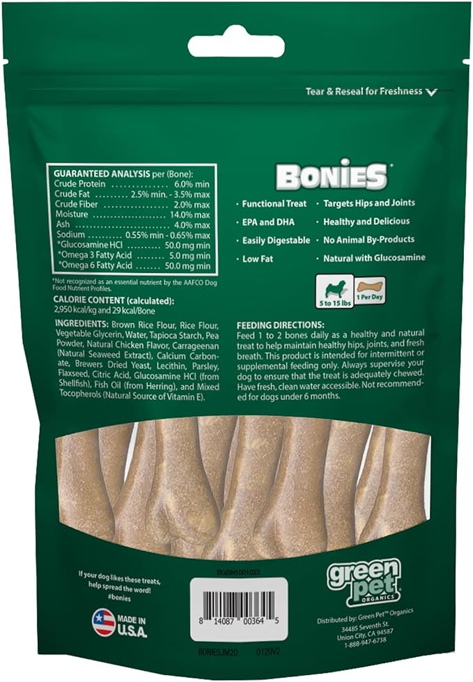Bonies Natural Hip & Joint Formula Minis-Sized Single Bone, Glucosamine & Omega Fatty Acids, Fresh Breath, Clean Teeth, Low Calories, Chicken Flavor, MINI Dogs, 20 Bones