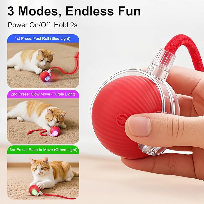 Interactive Automatic Rolling Electronic Stimulation Chase Ball Cat Dog Toy | Smart Electric Moving Stimulating Rechargeable Motion Activated Self Play Teaser for Boredom Small Dog Puppy Pet, with Rope