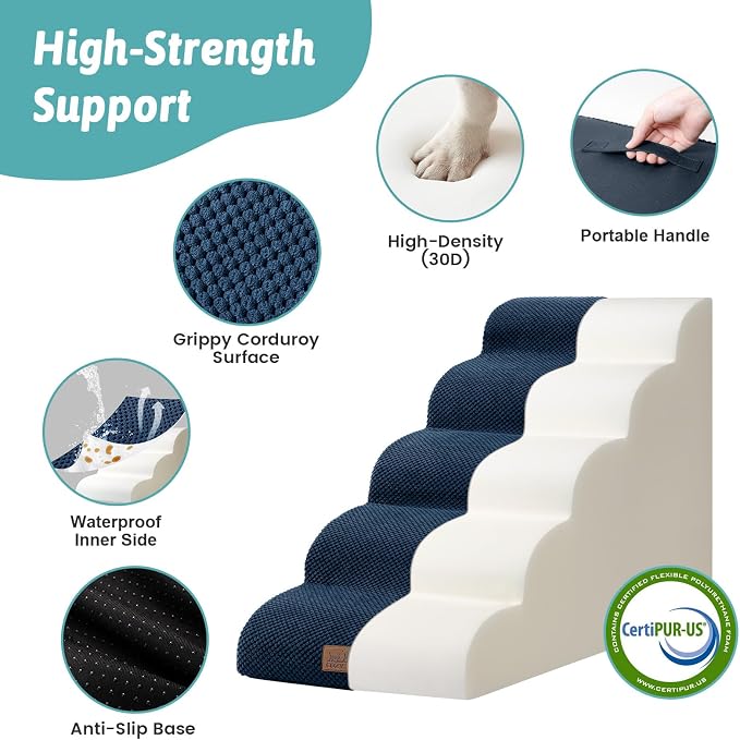 COZY KISS Wide Dog Stairs for Small Dog 22.6" H, Curved Pet Step for Puppy, Older Cat, Curved Ramp for High Bed or Car, Ladder with High Density Foam, Durable, 5 Step, 17.7x33x22.6 inch, Navy Blue