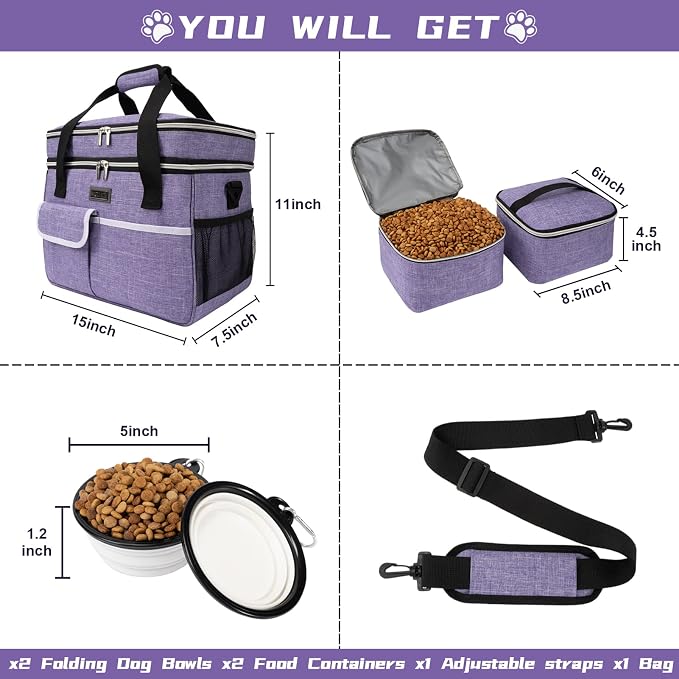BAGLHER Dog Travel Bag, Double-Layer, with Food Containers & Bowls, Purple