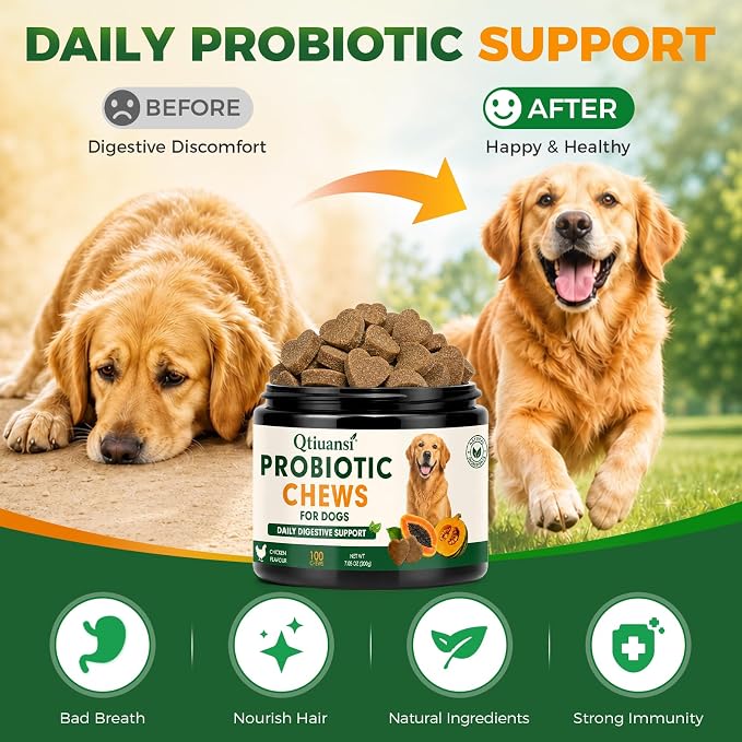 Probiotics for Dogs, 6-Strain Gut Health Blend with Digestive Enzymes, Pumpkin & Papaya, Chicken Flavor Chewable Tablets, 100 Count, Supports Digestive Health for All Breeds