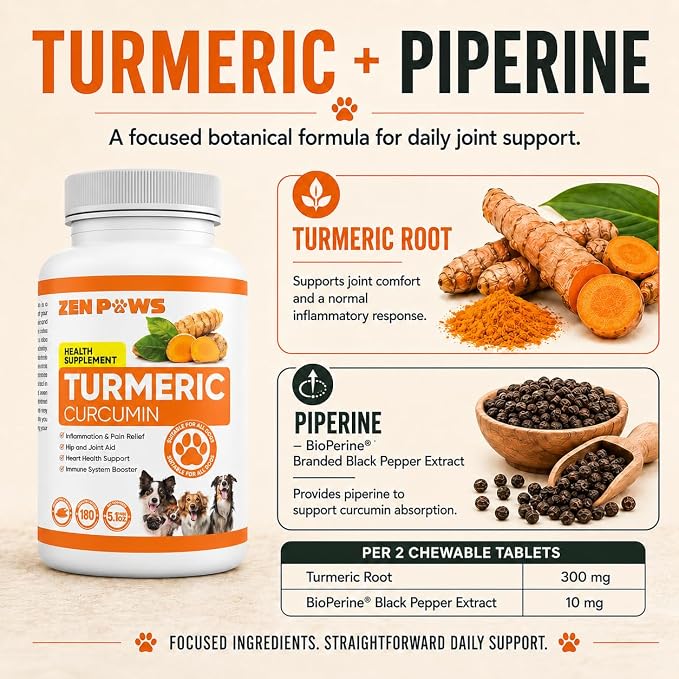 Turmeric for Dogs – 180 Chewable Tablets – Hip and Joint Support with Curcumin & Piperine – Joint Supplement, Anti Inflammatory & Mobility Support, Allergy & Itch Relief - Duck Flavor with Salmon Oil