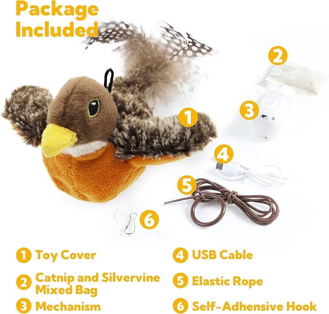 Flapping Bird Cat Toy, Motion Activated with Catnip, 3 Modes & USB Rechargeable, Machine Washable Interactive Toy for Indoor Cats