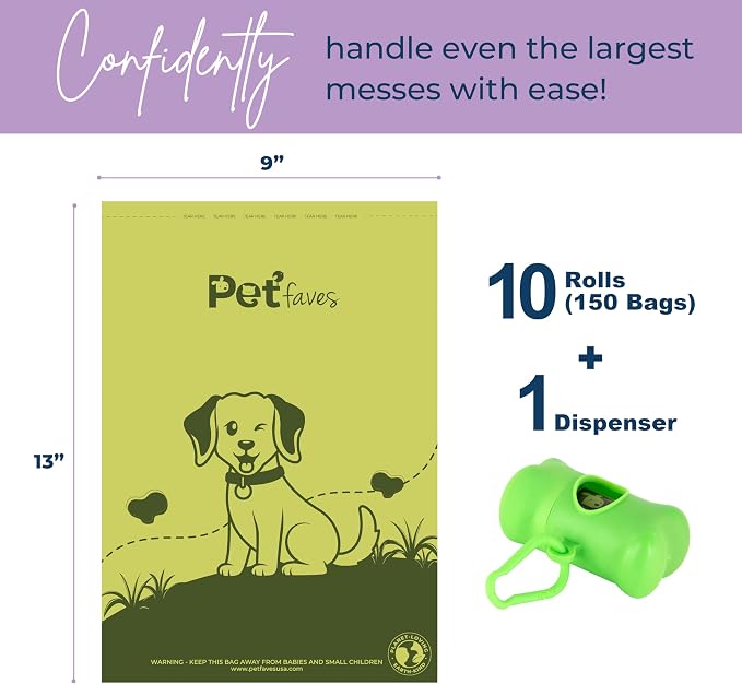 Pet Faves Eco-friendly Dog Poop Bags -100% Leak-Proof, Strong and Extra Long Doggie Poop Bags for Dogs and Cats waste bag, Lavender Scented - 150 Bags (1 pack)